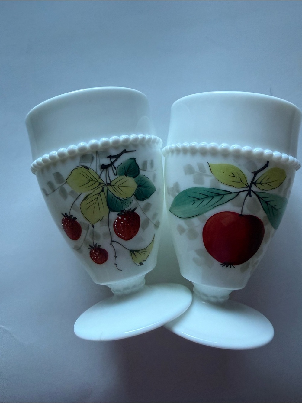 Vintage Milk Glass Footed Goblets with Red Fruit Motif